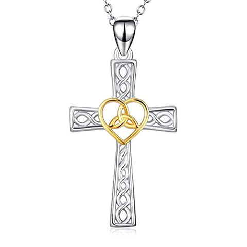 Religious Jewelry 925 Sterling Silver Two-Tone Eternal Love Heart Celtic Knot Cross Pendant Necklace