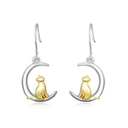 925 Sterling Silver Crescent Adorable Cat Drop Earrins