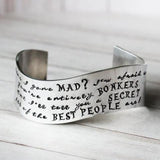 Alice in Wonderland Have I Gone Mad Cuff Bangle 925 Sterling Silver Personalized Adjustable 6”-7.5”-White Gold Plated