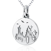 925 Sterling Silver Countryside View Peace Woods and Birds Rolo Chain Necklace