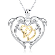 925 Sterling Silver Lovely Double Dolphin Double Gold Heart Neckalce